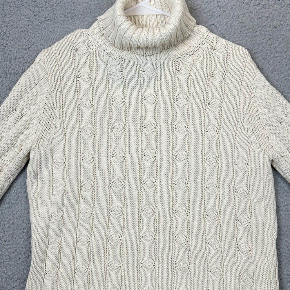 Eddie Bauer Sweater Womens Medium Turtleneck Cream Cable Knit Cotton Long Sleeve